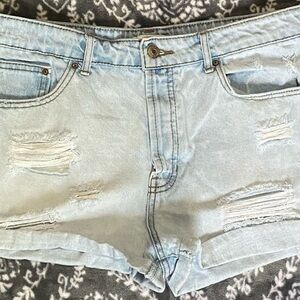Forever 21 Denim Shorts Size 29 Lite Wash Distressed Button Fly Denim Cuffed
